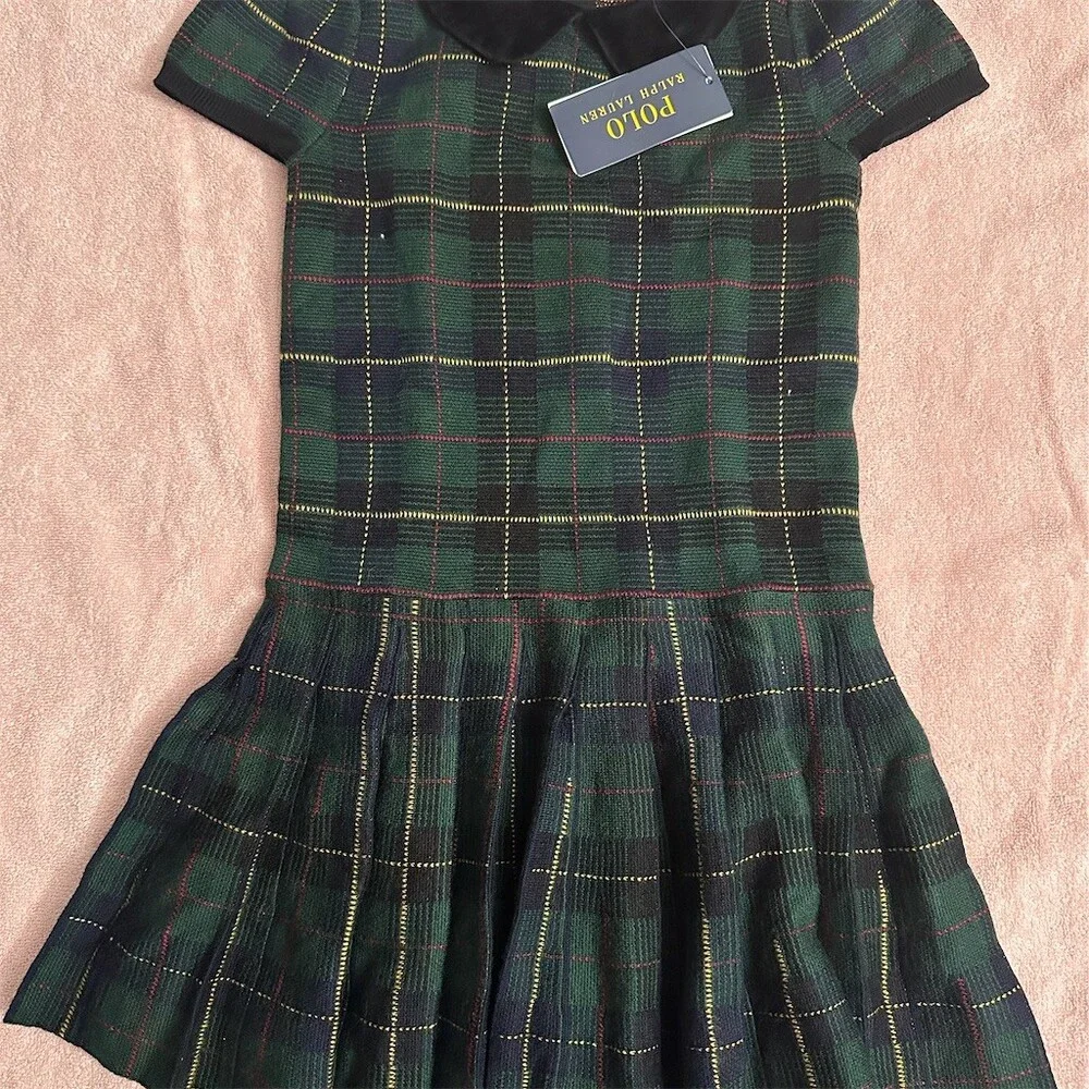 Ralph Lauren Girls Wool Green Plaid Drop Waist Knee Length Size 6